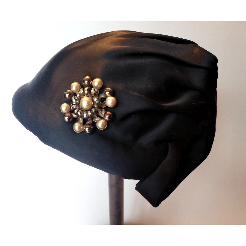 WWII 1940s Katherine Price Black Satin Turban Half Hat VTG